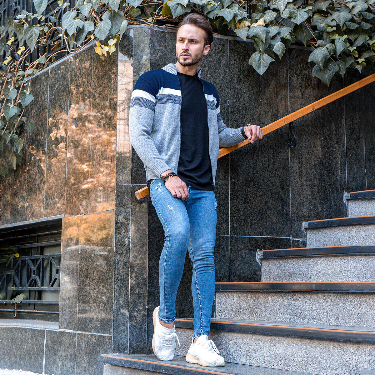 بافت مردانه زیپ دار دورنگ آبی طوسی مدل shadima