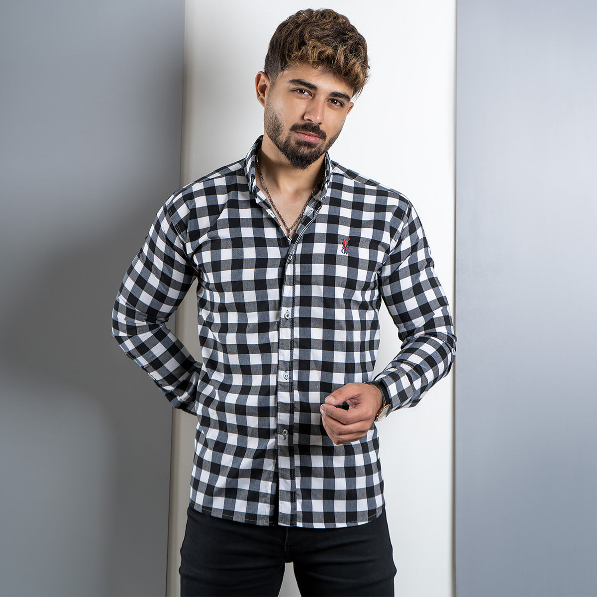 پیراهن مردانه چهارخونه سفید مشکی مدلWoodi