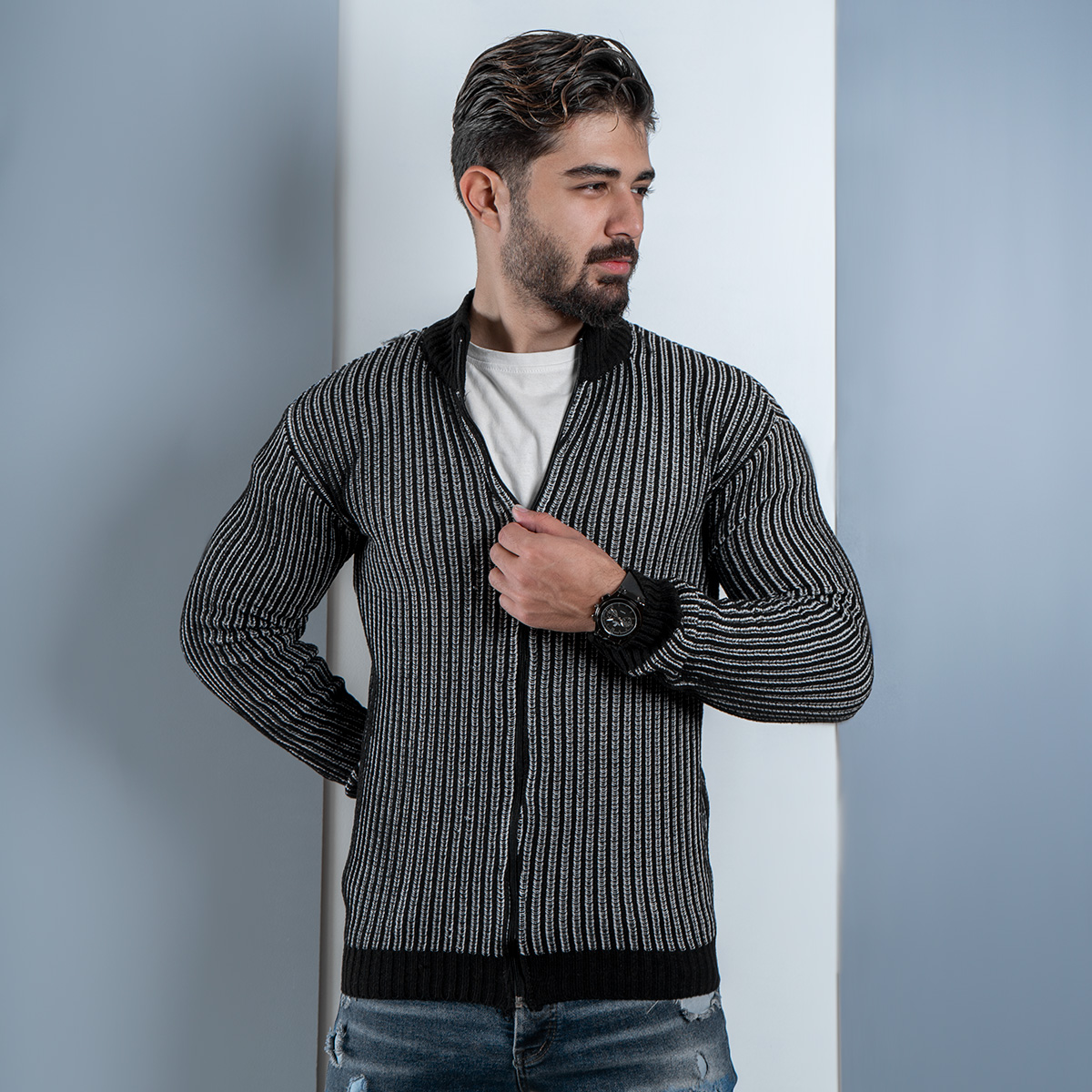 سوییشرت بافت (T)زیپ دار مشکی مدلANOSH