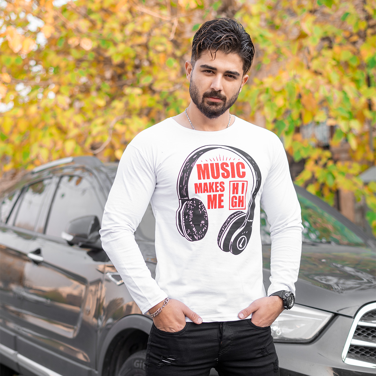 تیشرت آستین بلند مردانه طرح هدست سفید مدل O22