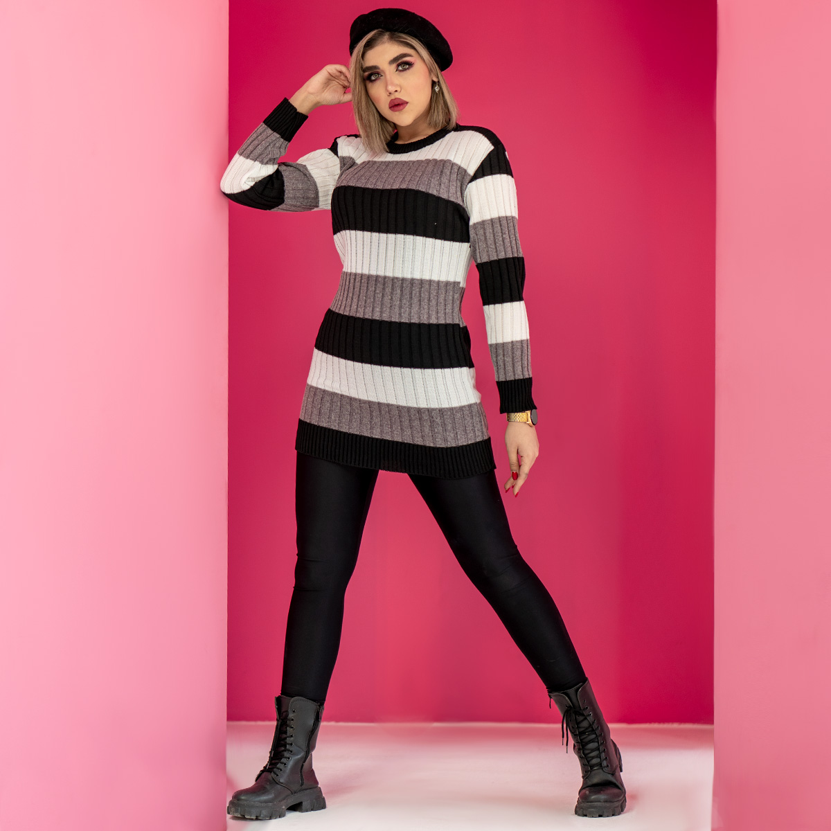 تونیک بافت زنانه راه راه سفید یاسی مدل kareno