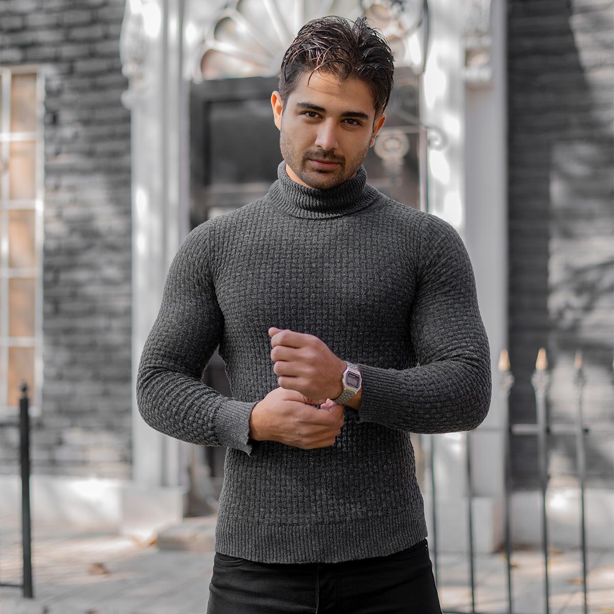 پلیور یقه اسکی مردانه طوسی تیره مدل Oktav