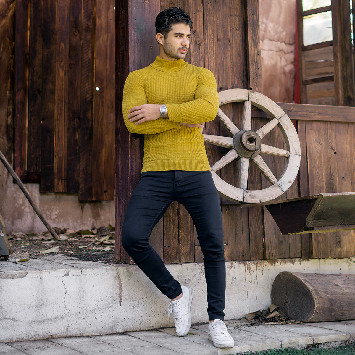 پلیور یقه اسکی مردانه خردلی مدل Oktav