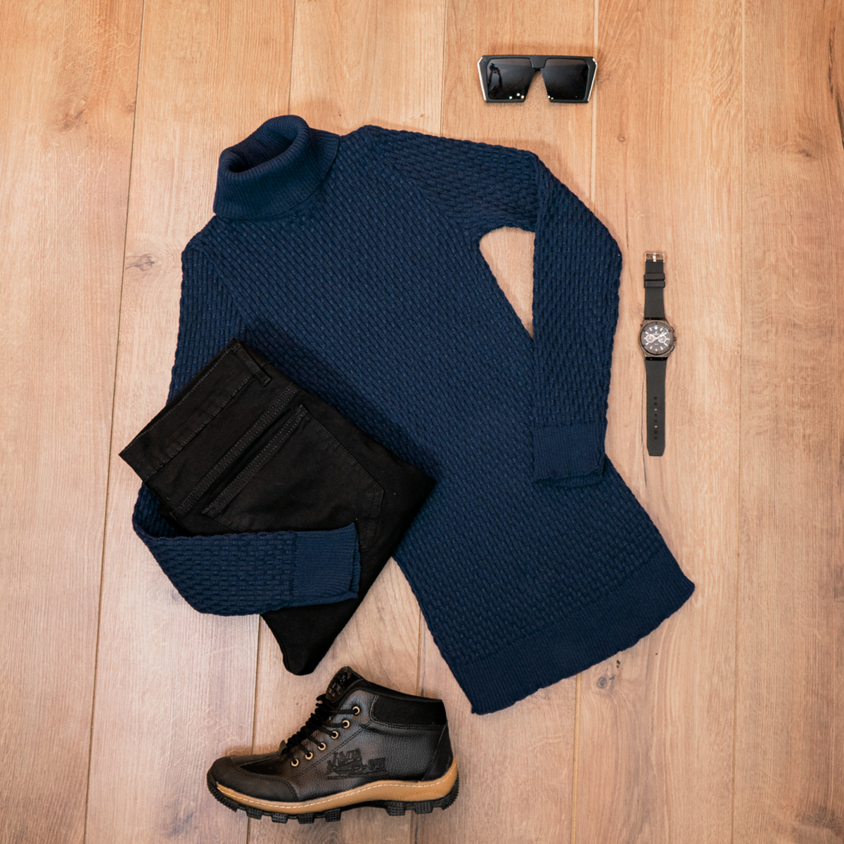 پلیور یقه اسکی مردانه سرمه ای مدل Oktav