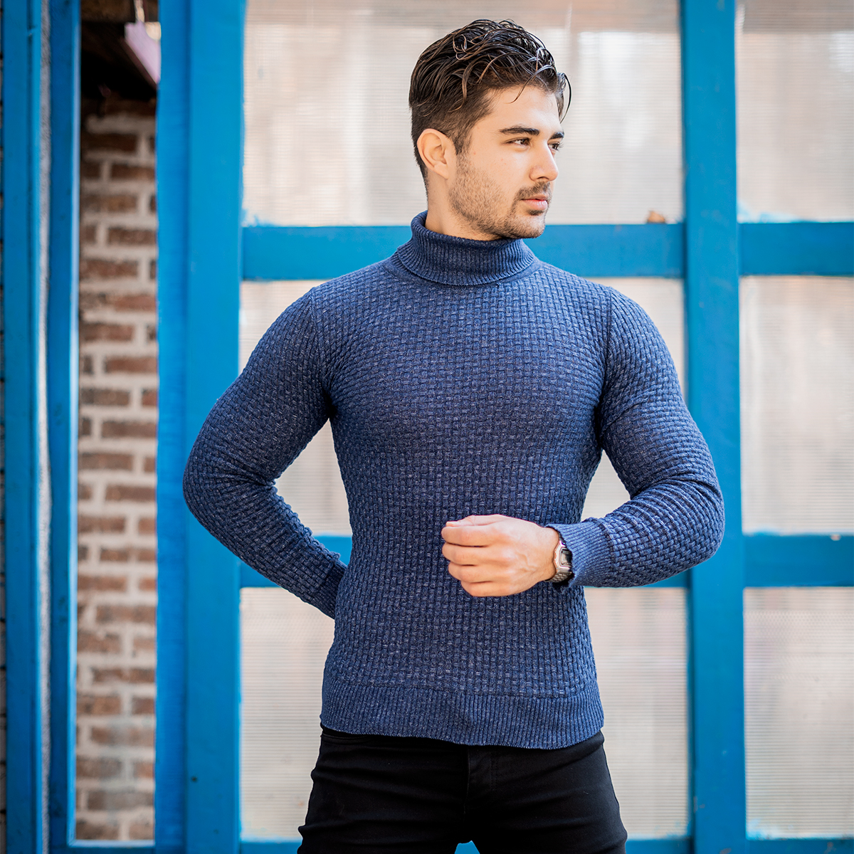 پلیور یقه اسکی مردانه آبی نفتی مدل Oktav
