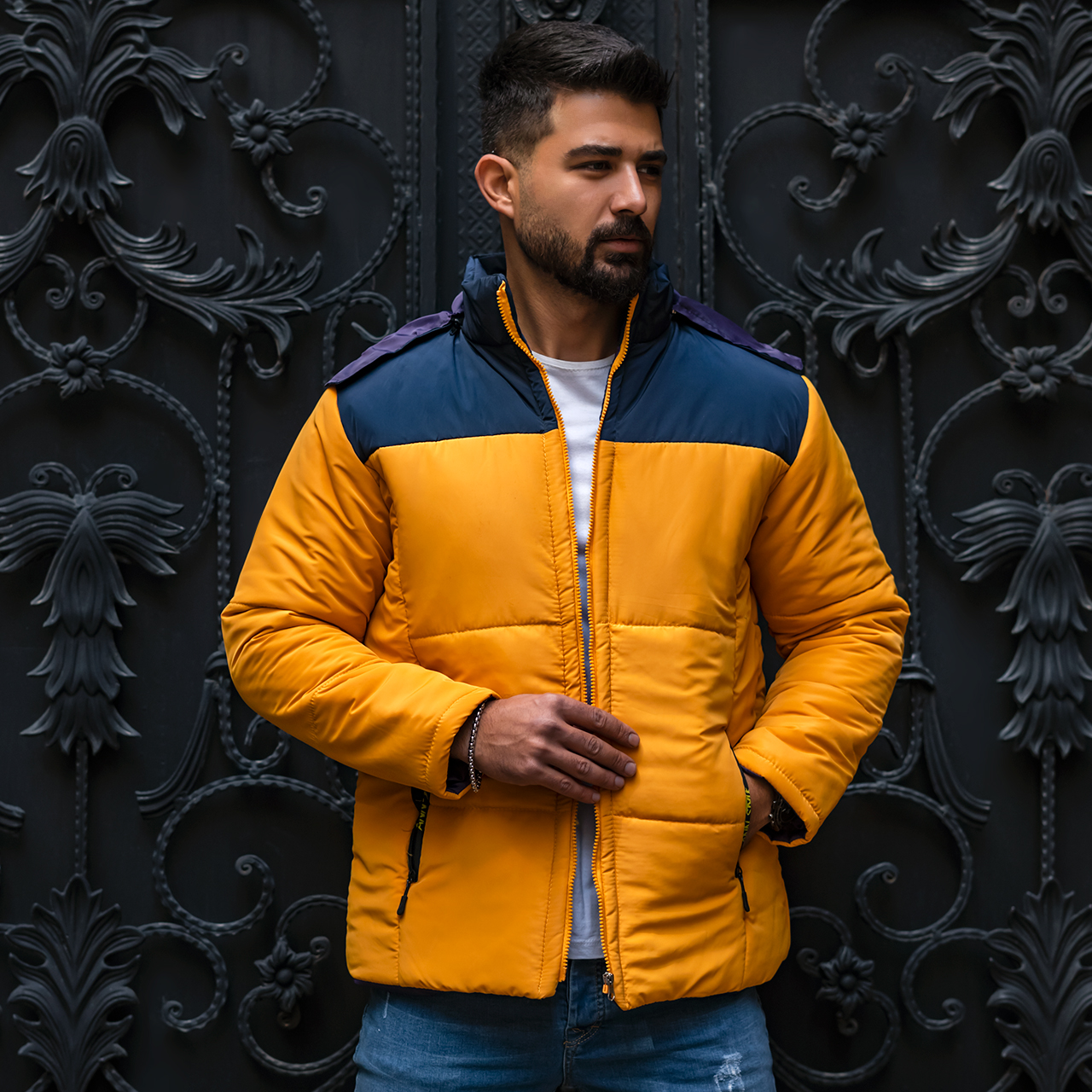 کاپشن دورنگ سرمه ای زرد مردانه مدلAidin