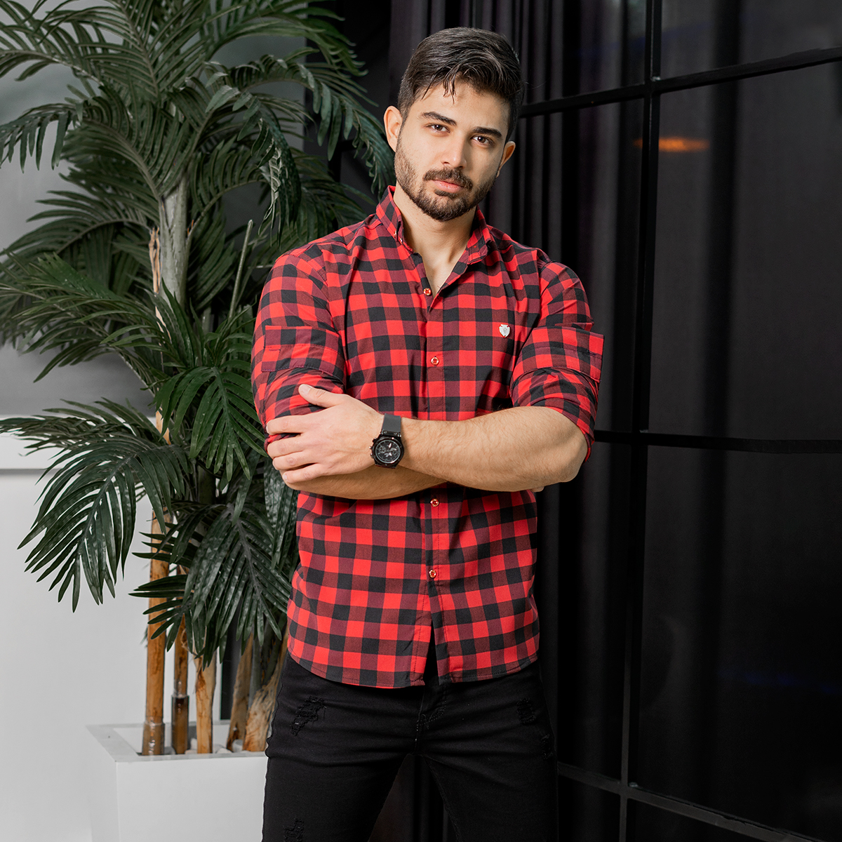 پیراهن چهارخانه قرمزمدل Joyan