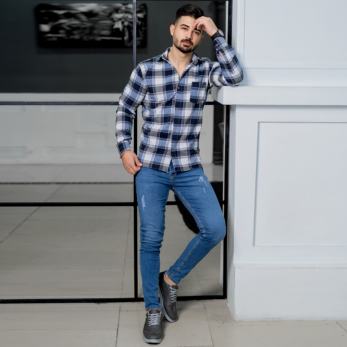 پیراهن مردانه چهارخونه سفید آبی مدل tones