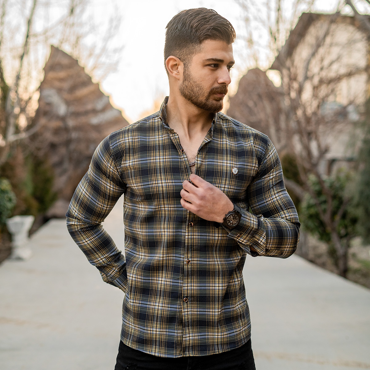 پیراهن چهارخونه آبی زرد مردانه مدل Z22