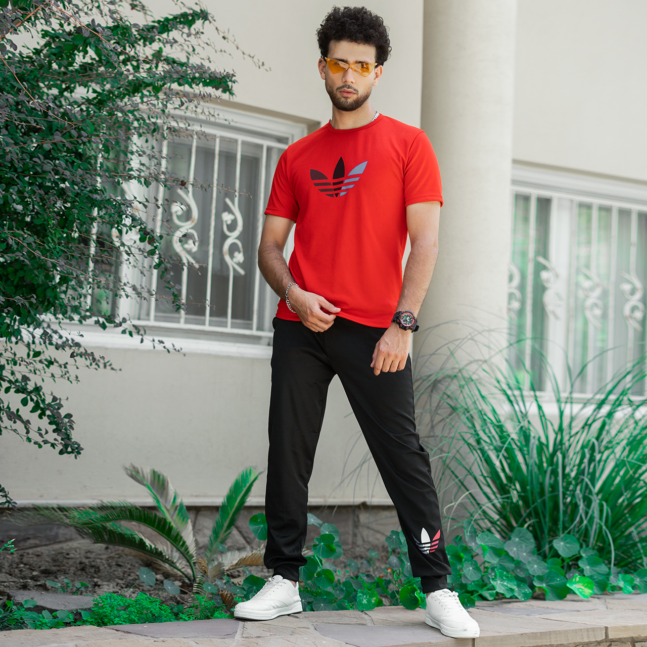 ست تیشرت شلوار Adidas مردانه قرمز مشکی مدل T55