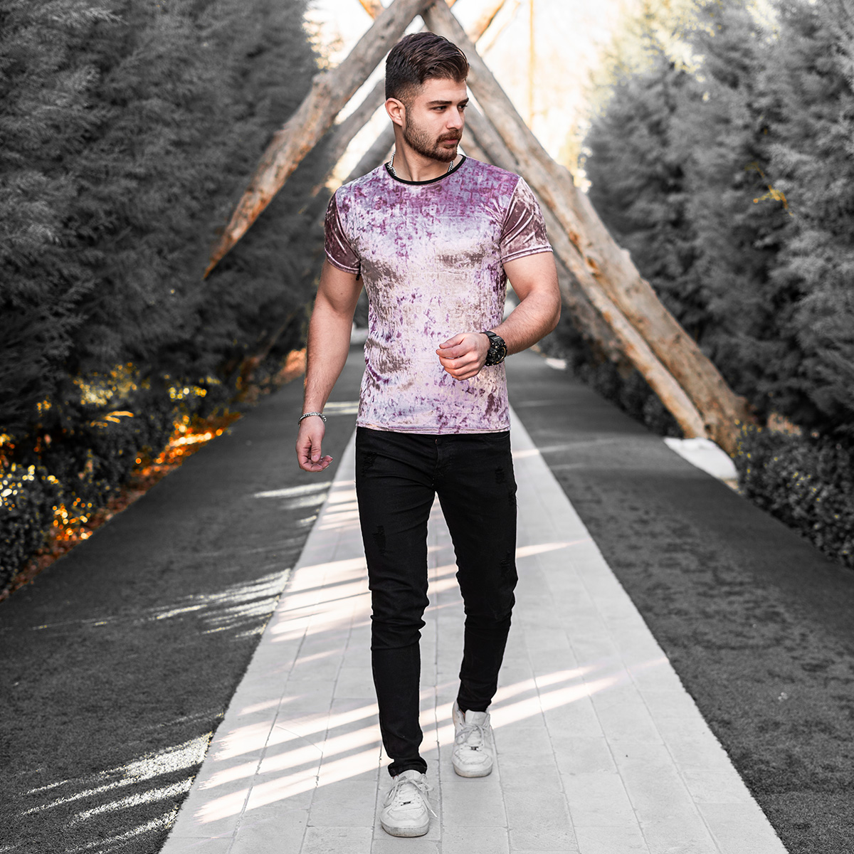 تیشرت مخمل صورتی مردانه مدل Tonis