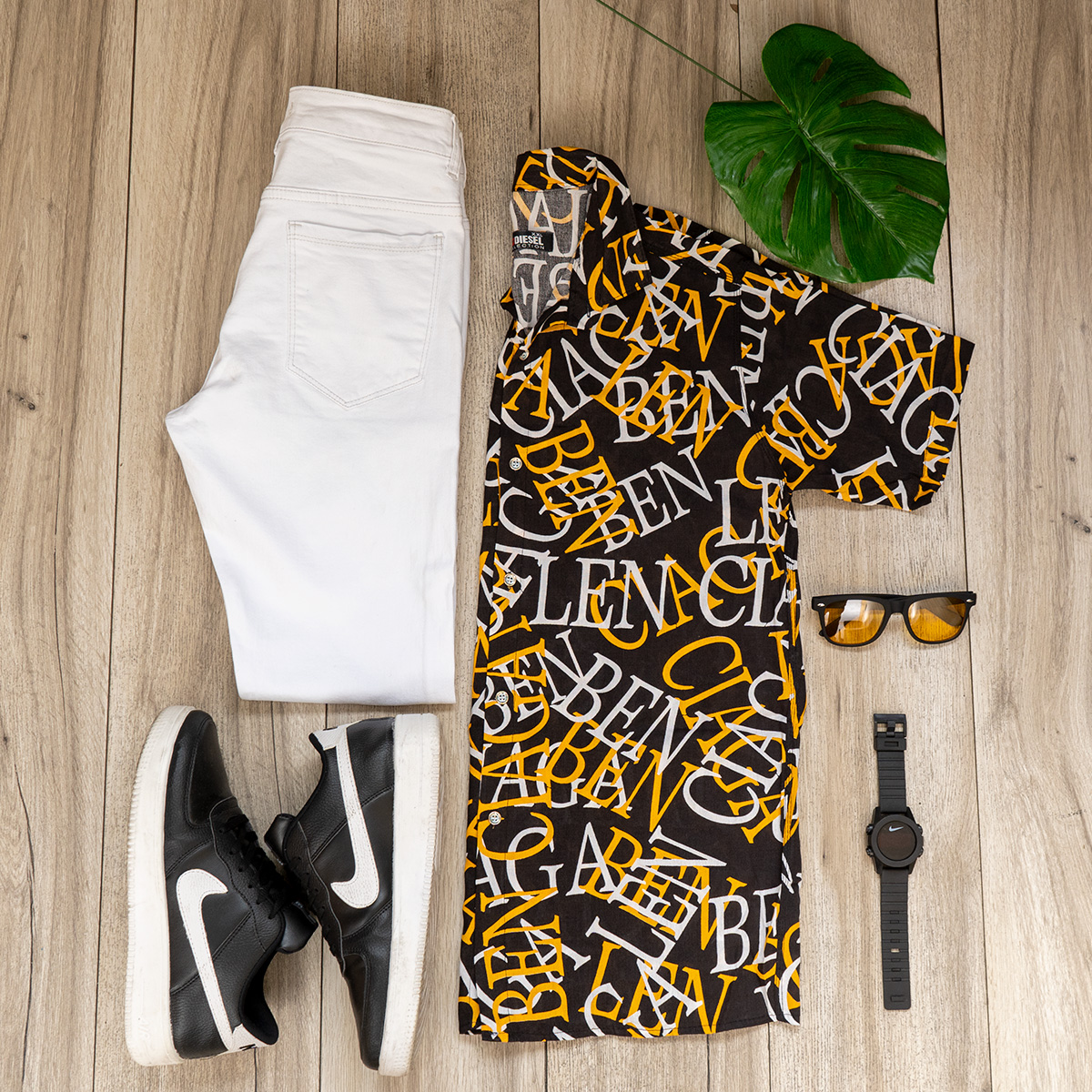 پیراهن هاوایی مردانه مشکی زرد مدل ABC