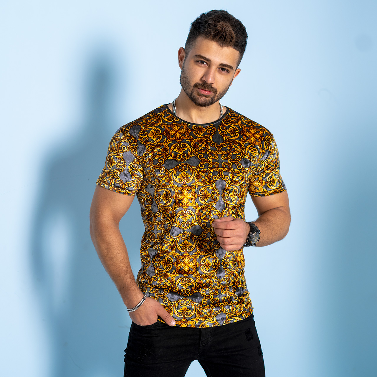 تیشرت مخمل طوسی طلایی مردانه مدلSilver