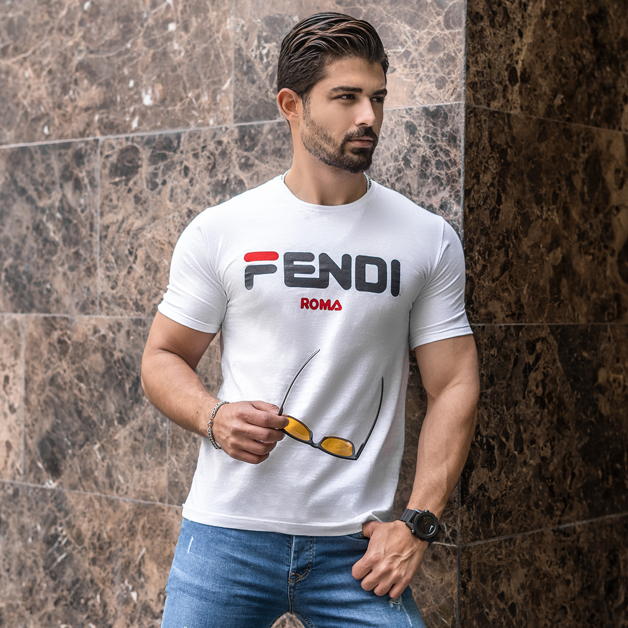 تیشرت فندی سفید مردانه مدل Roma