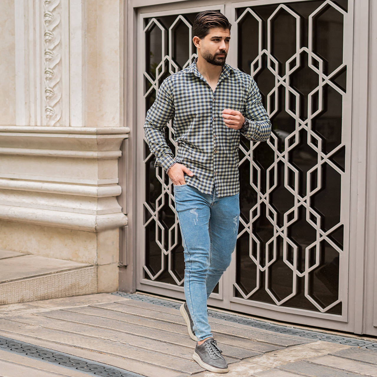 پیراهن مردانه(T) چهار خونه ریز لیمویی کمرنگT78