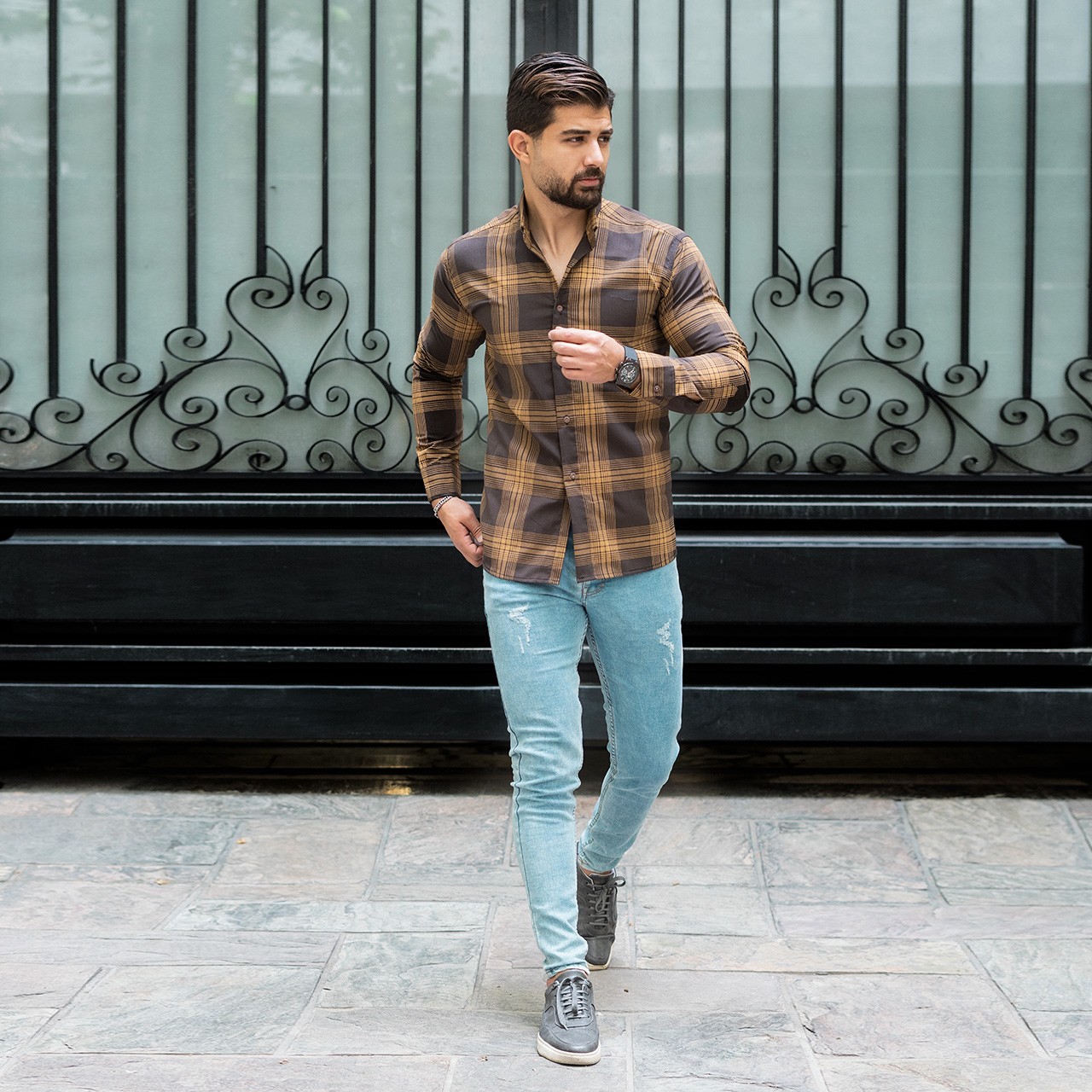 پیراهن مردانه(T)چهار خونه قهوه ای روشن مدلzava