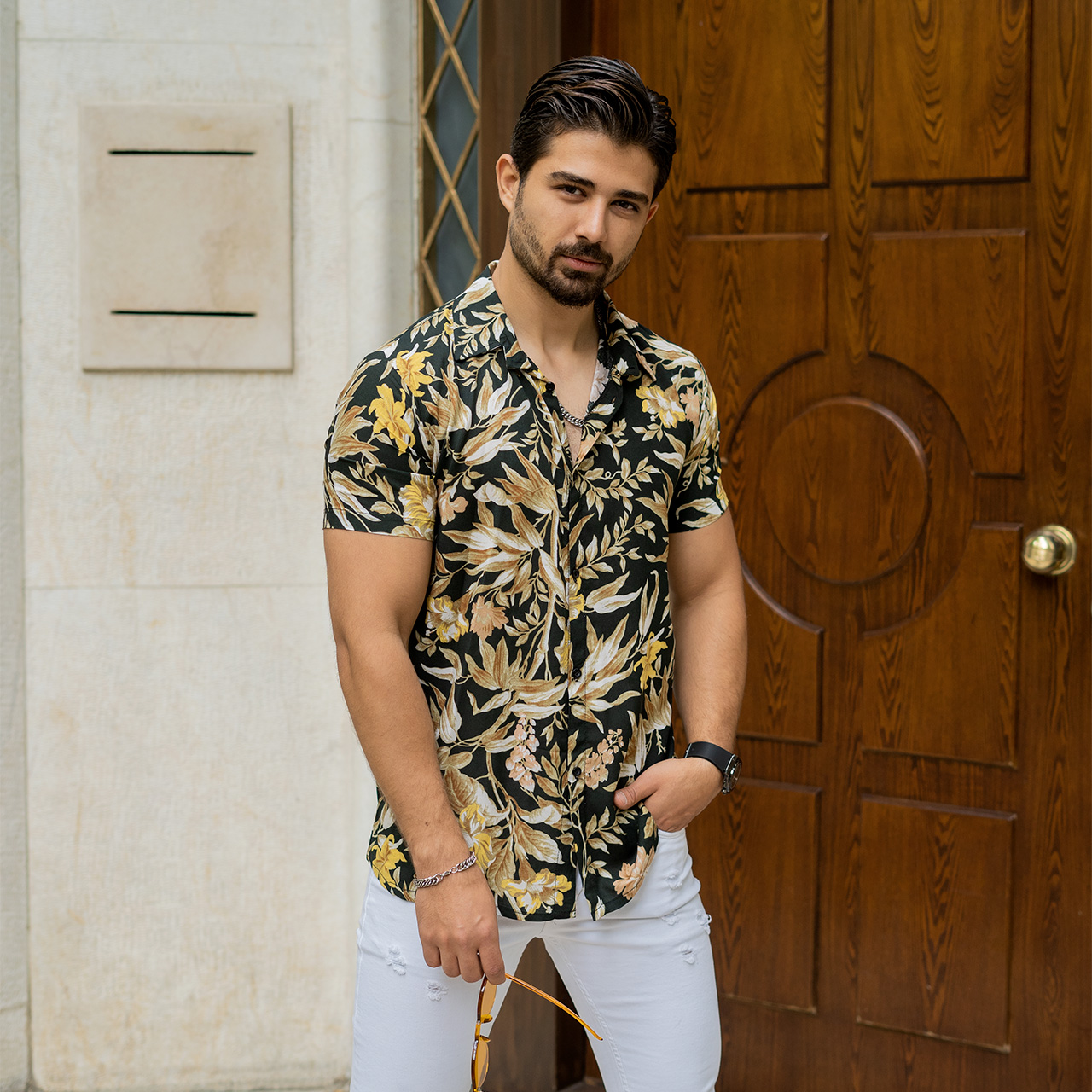 پیراهن هاوایی مردانه گل زرد مدل p7