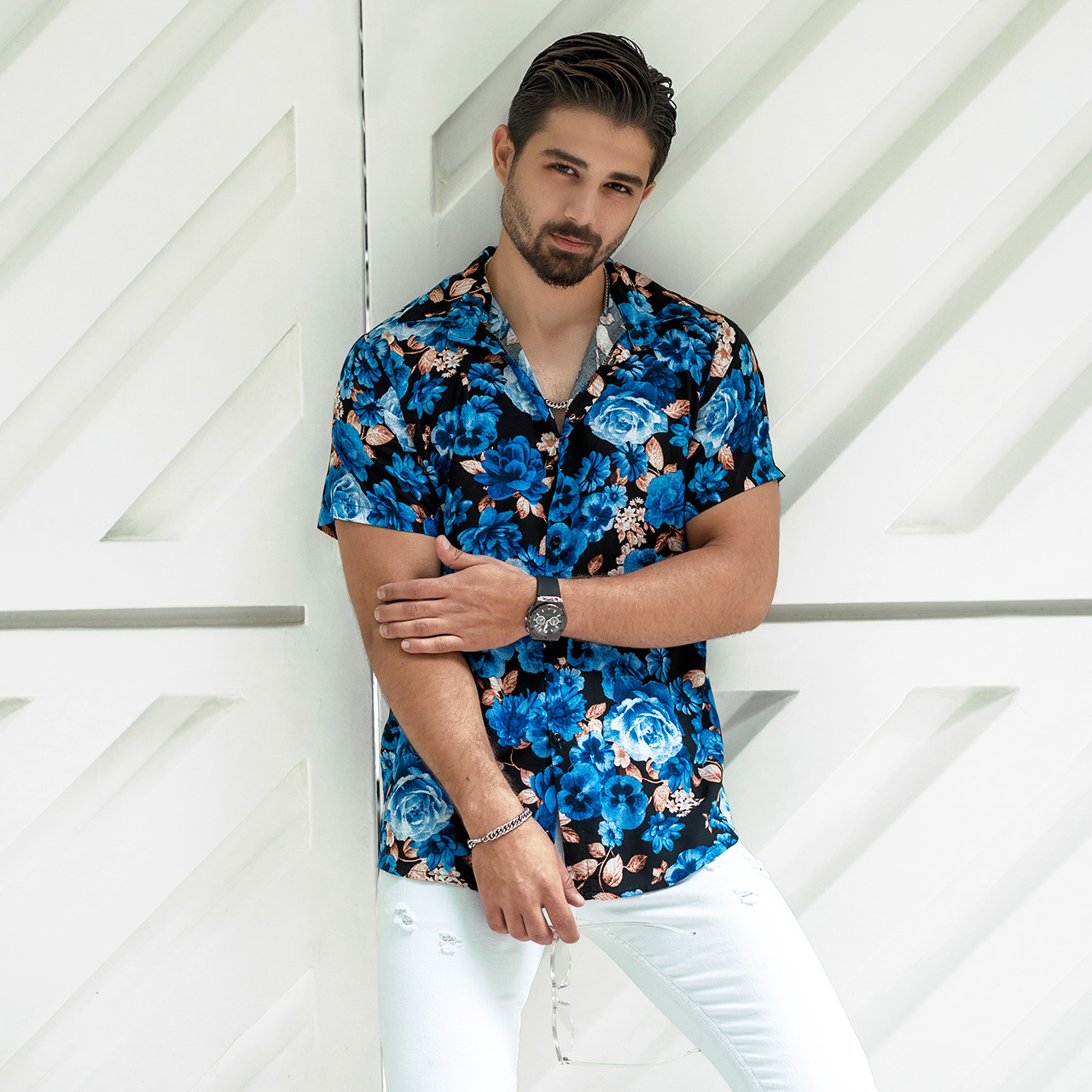 پیراهن هاوایی طرح گل آبی مردانه مدل P12
