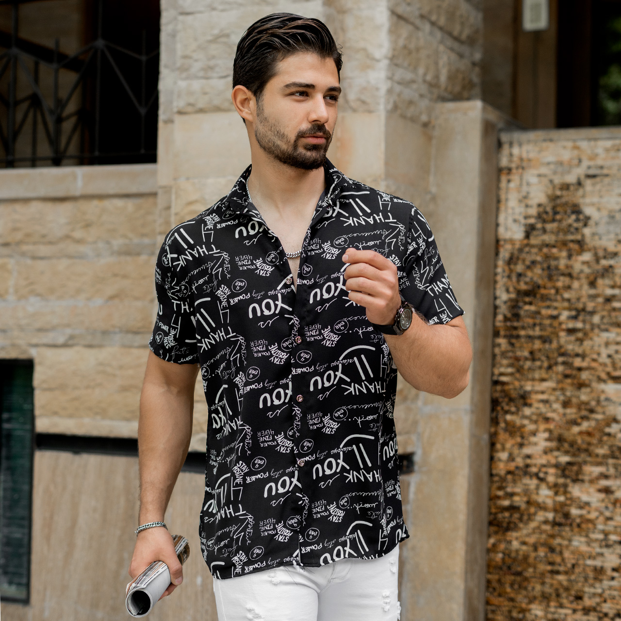پیراهن هاوایی مردانه طرح لبخند مدلThank You