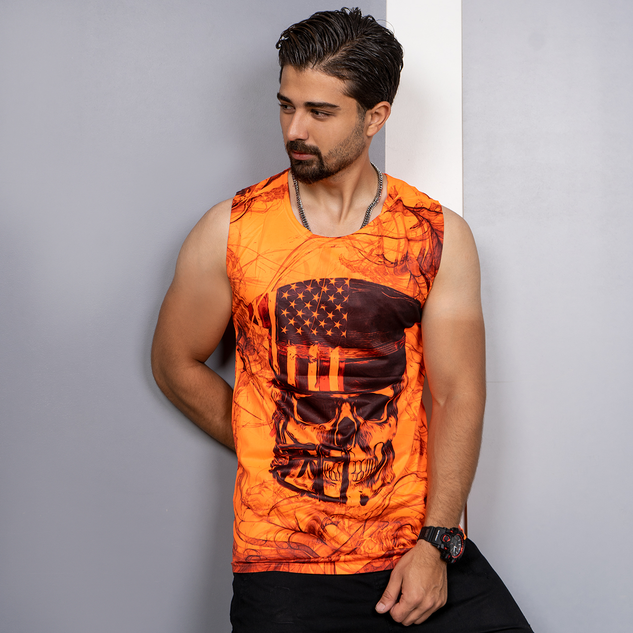 رکابی (T) نارنجی طرح جمجمه مردانه مدل S85