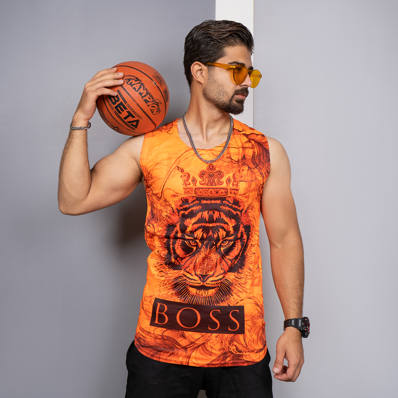 رکابی (T) نارنجی طرح ببر مردانه مدل Boss