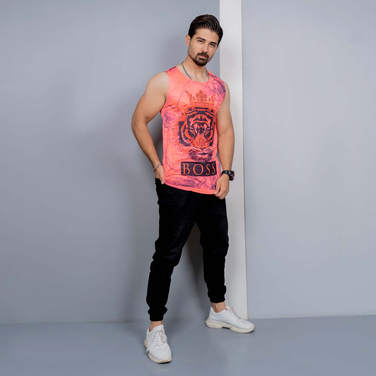 رکابی (T) صورتی طرح ببر مردانه مدل Boss