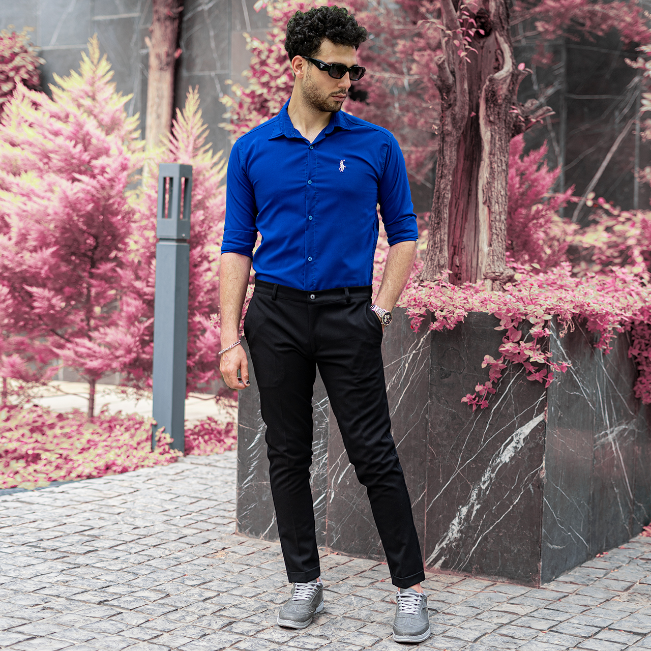 پیراهن مردانه آبی کاربنی مدل VQ