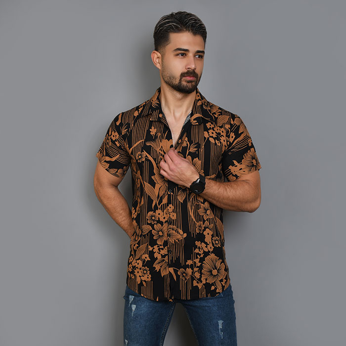 پیراهن هاوایی مردانه طرح گل قهوه ای مدل B72