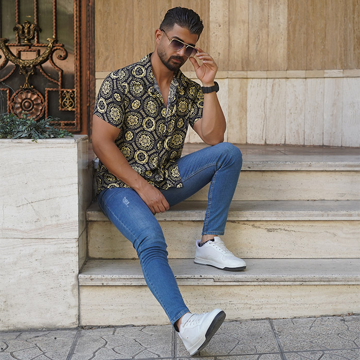 پیراهن هاوایی مردانه ورساچه طرح گل مدل W52