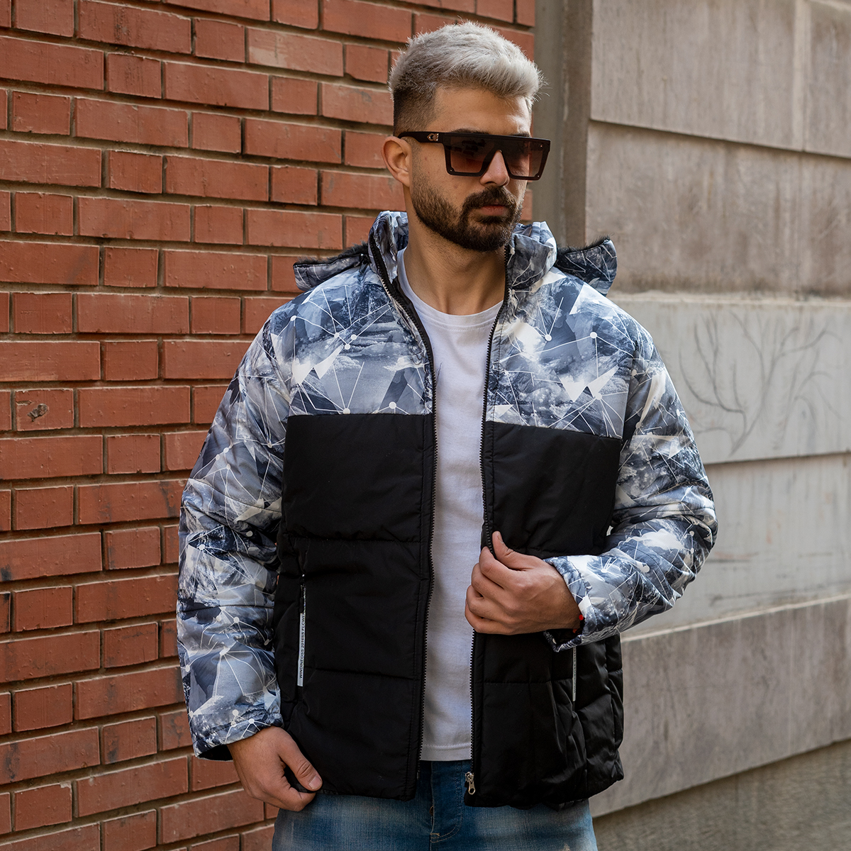 کاپشن مردانه طرح هندسی مشکی -طوسی مدلU800