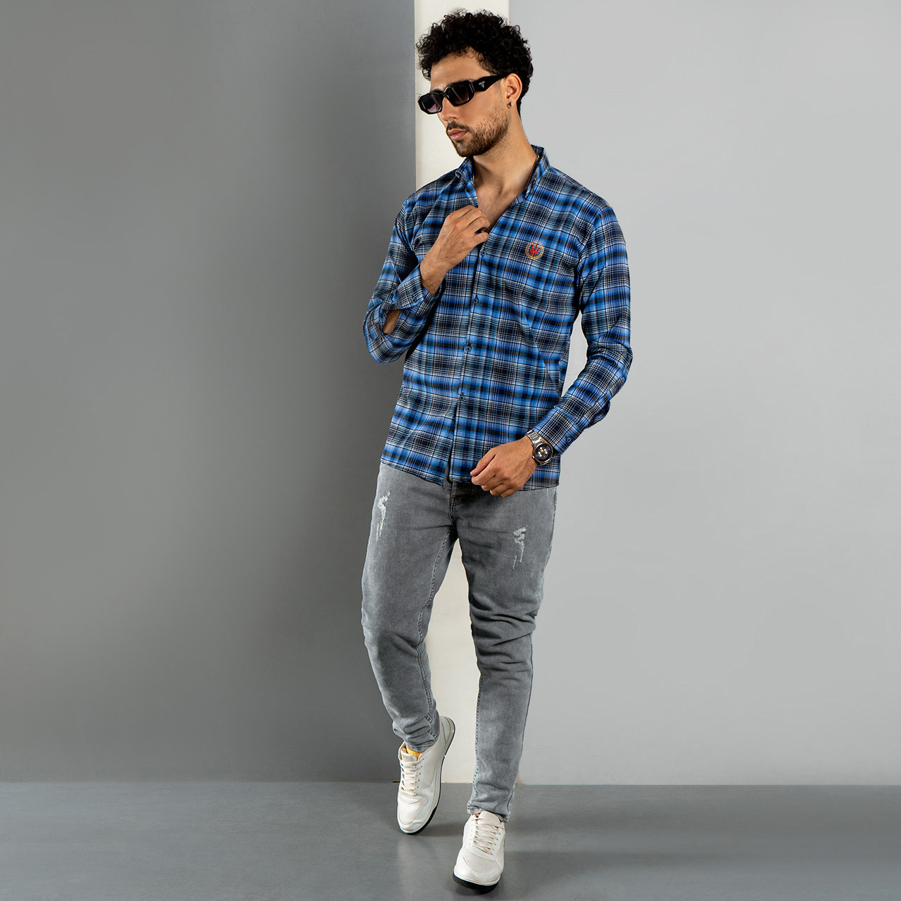 پیراهن مردانه چهارخونه آبی مدلA88