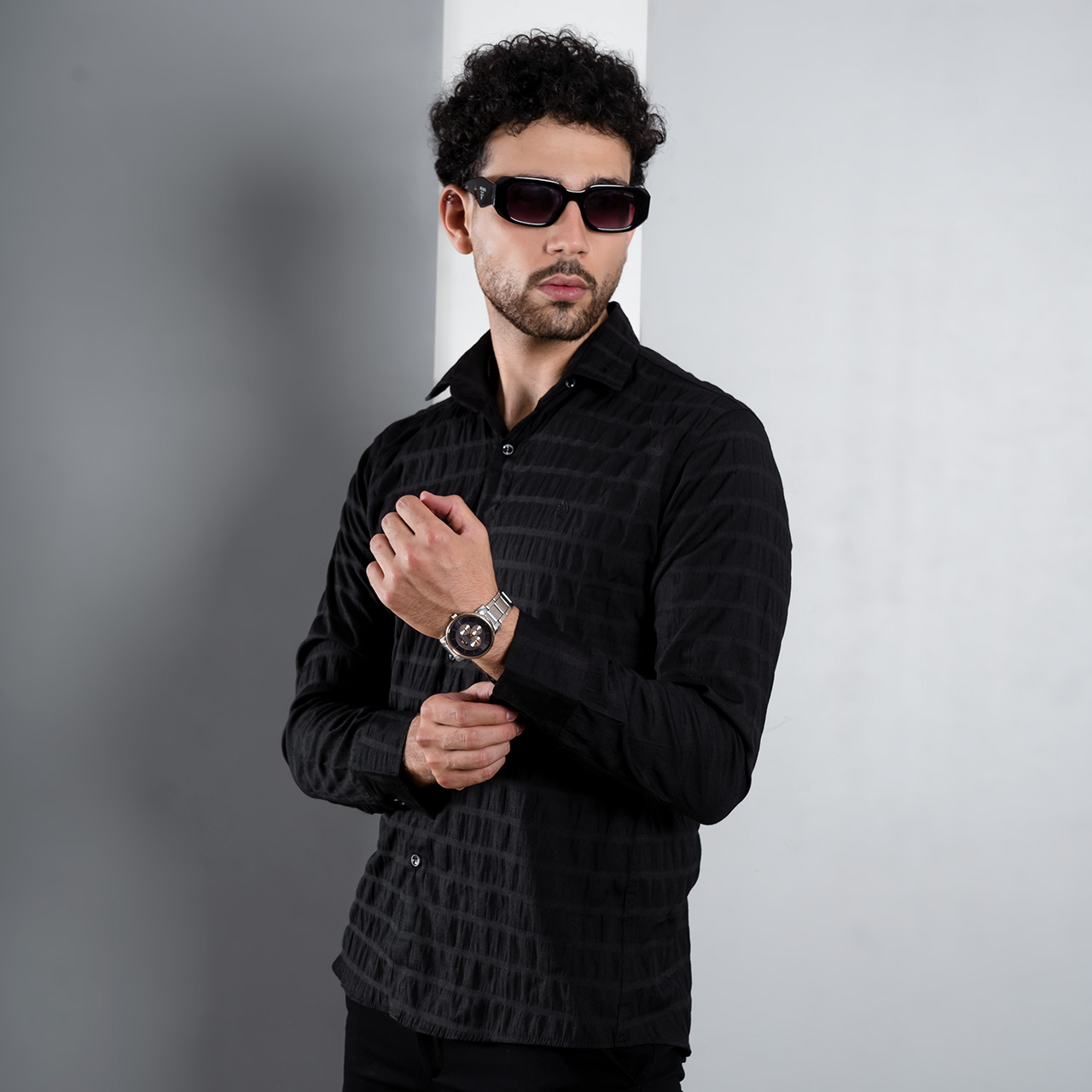 پیراهن راه راه مشکی مردانه مدل Mavin