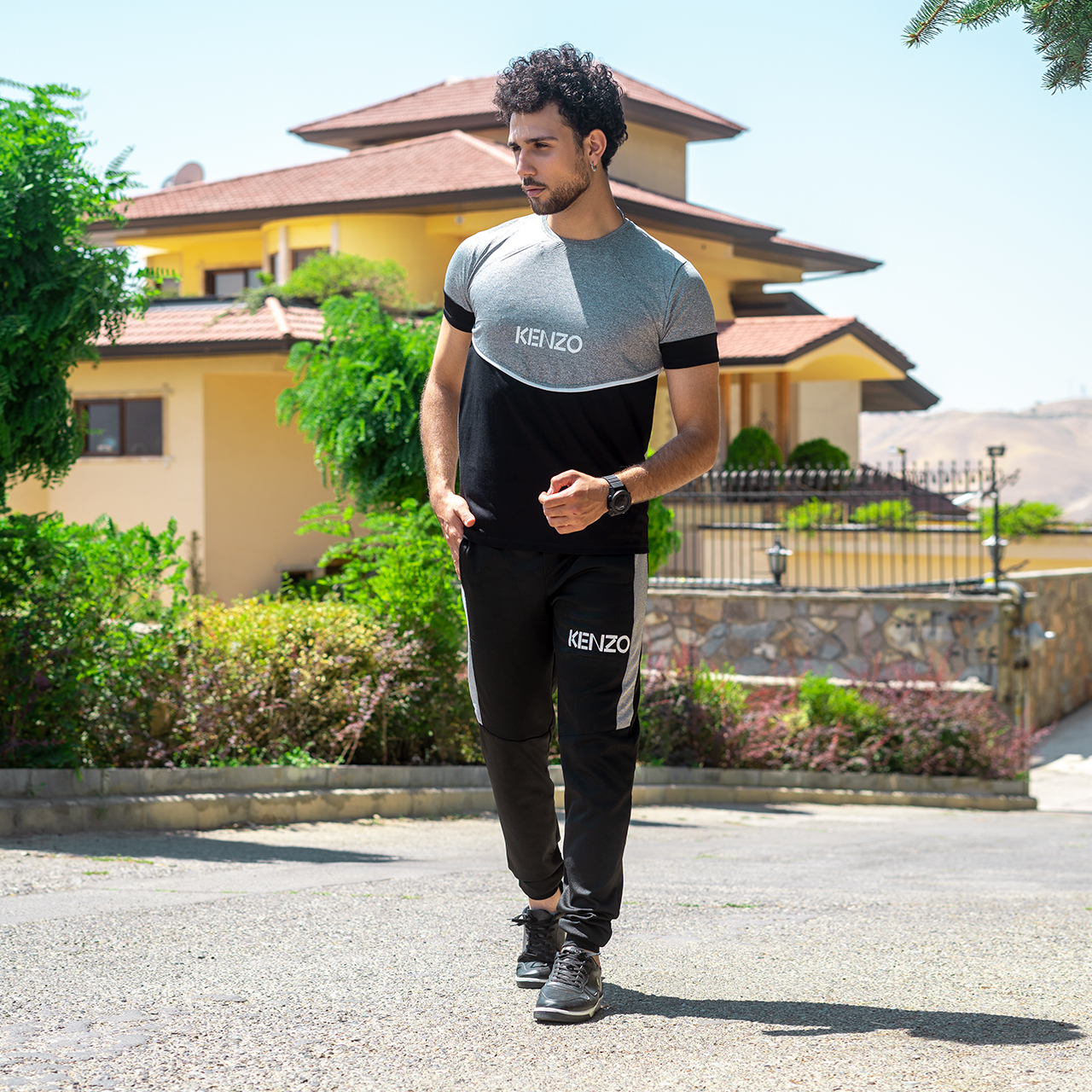 ست تیشرت شلوار مردانه طوسی مشکی مدل kenzo
