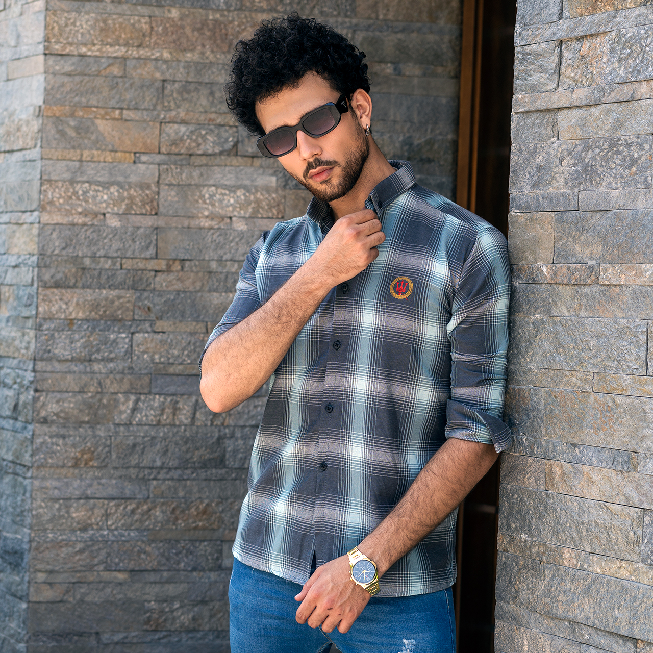 پیراهن چهارخونه مردانه طوسی سبز مدل B17