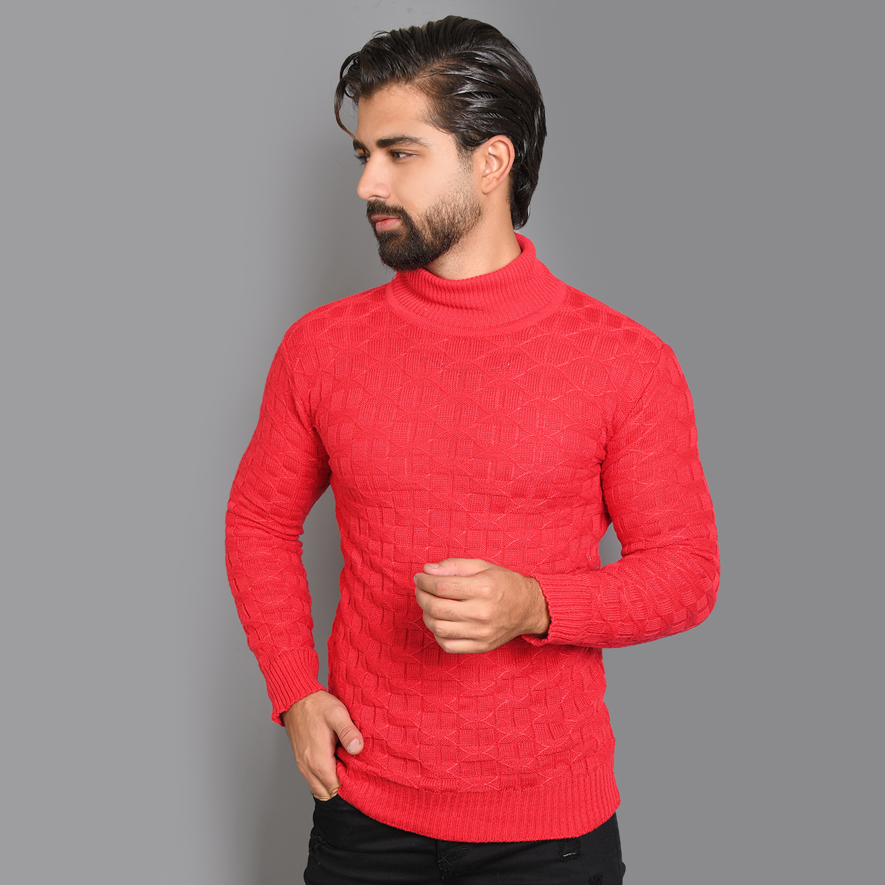 پلیور یقه اسکی قرمز طرح لوزی مردانه مدلG10