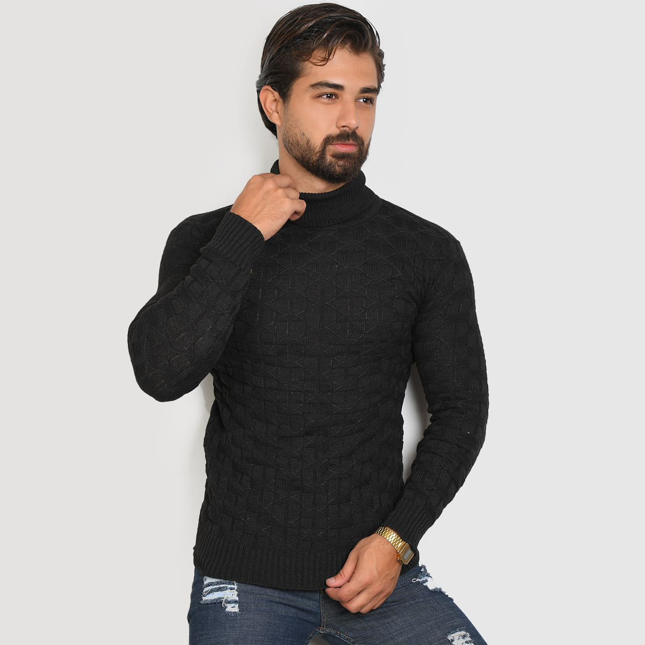 پلیور یقه اسکی مشکی طرح لوزی مردانه مدلG10