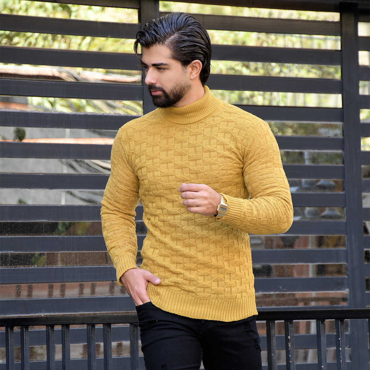 پلیور یقه اسکی خردلی طرح لوزی مردانه مدلG10