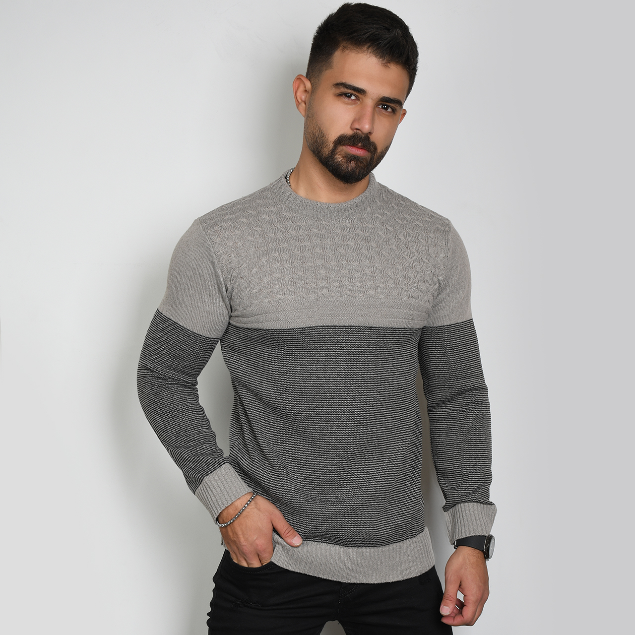 پلیور مردانه راه راه طوسی مدل navid