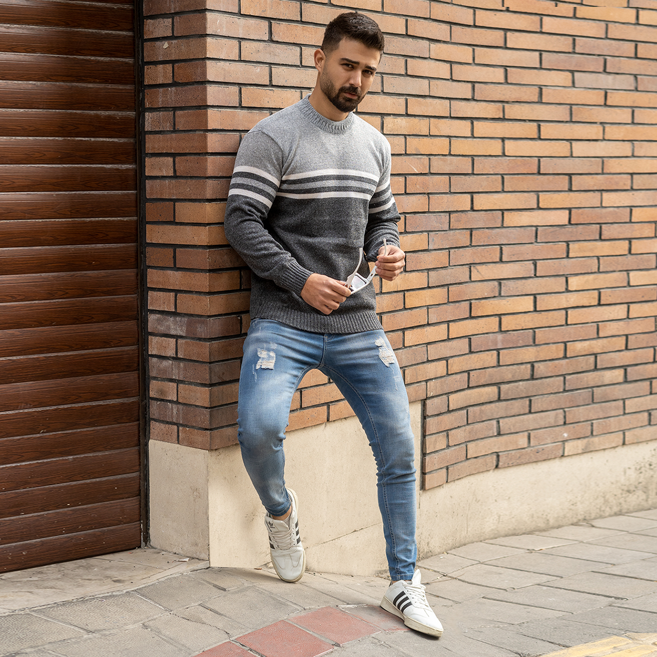 پلیور راه راه طوسی مردانه مدل T102