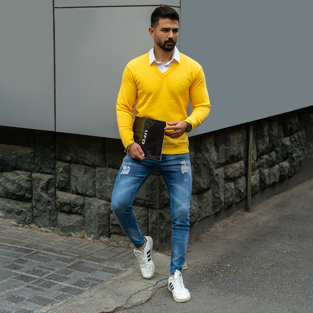 پلیوربافت یقه هفت زرد مردانه مدلETM