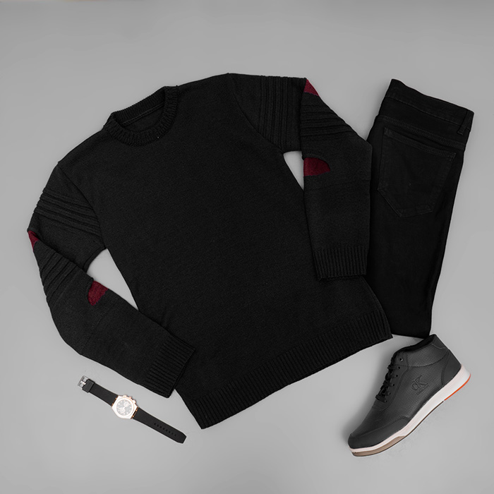 پلیور بافت مردانه مشکی مدل solan زاپ زرشکی