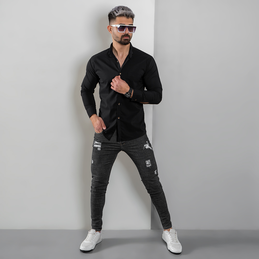 پیراهن مردانه مشکی ساده جیب دار مردانه مدل VQ