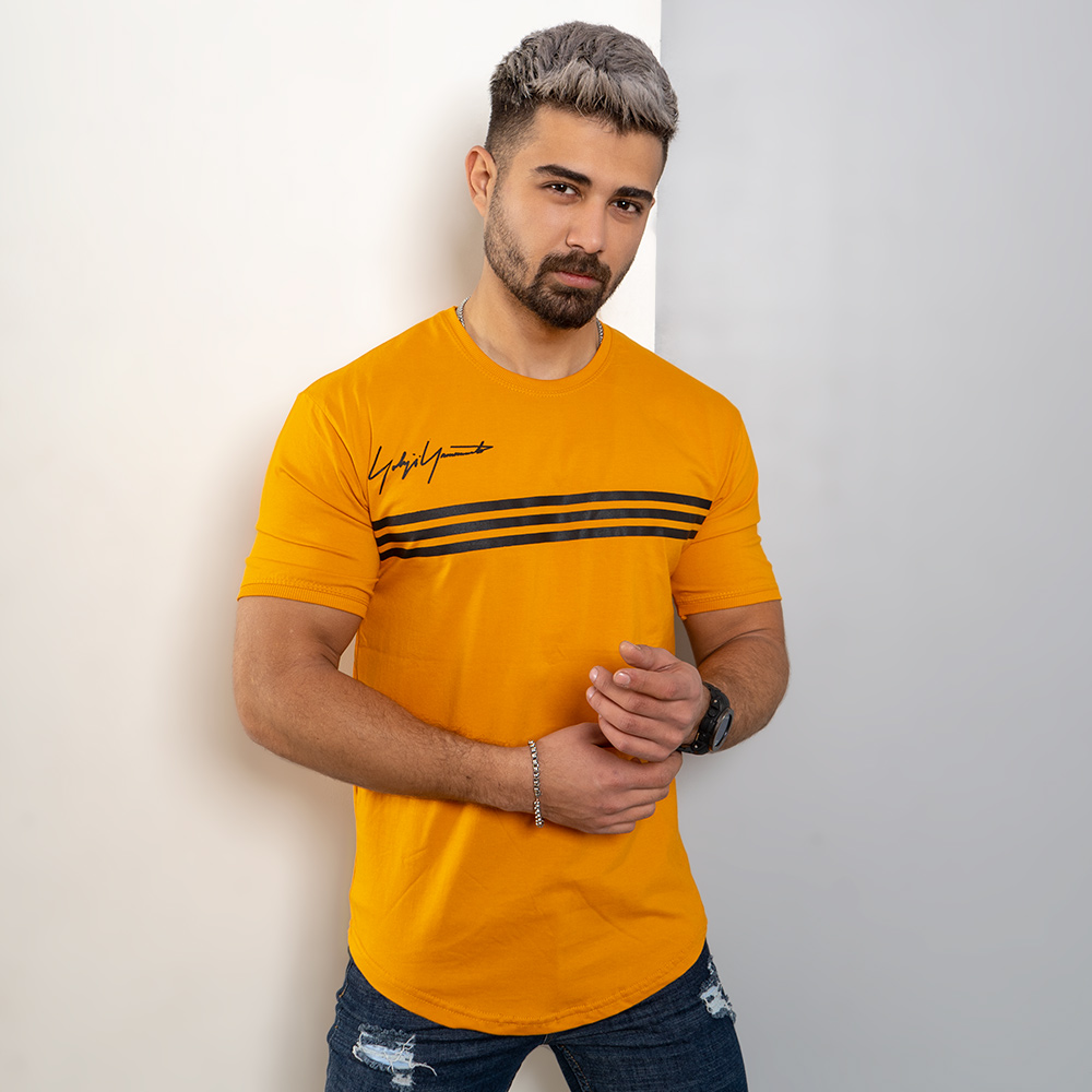 تیشرت مردانه سه خط خردلی مدل DENVER