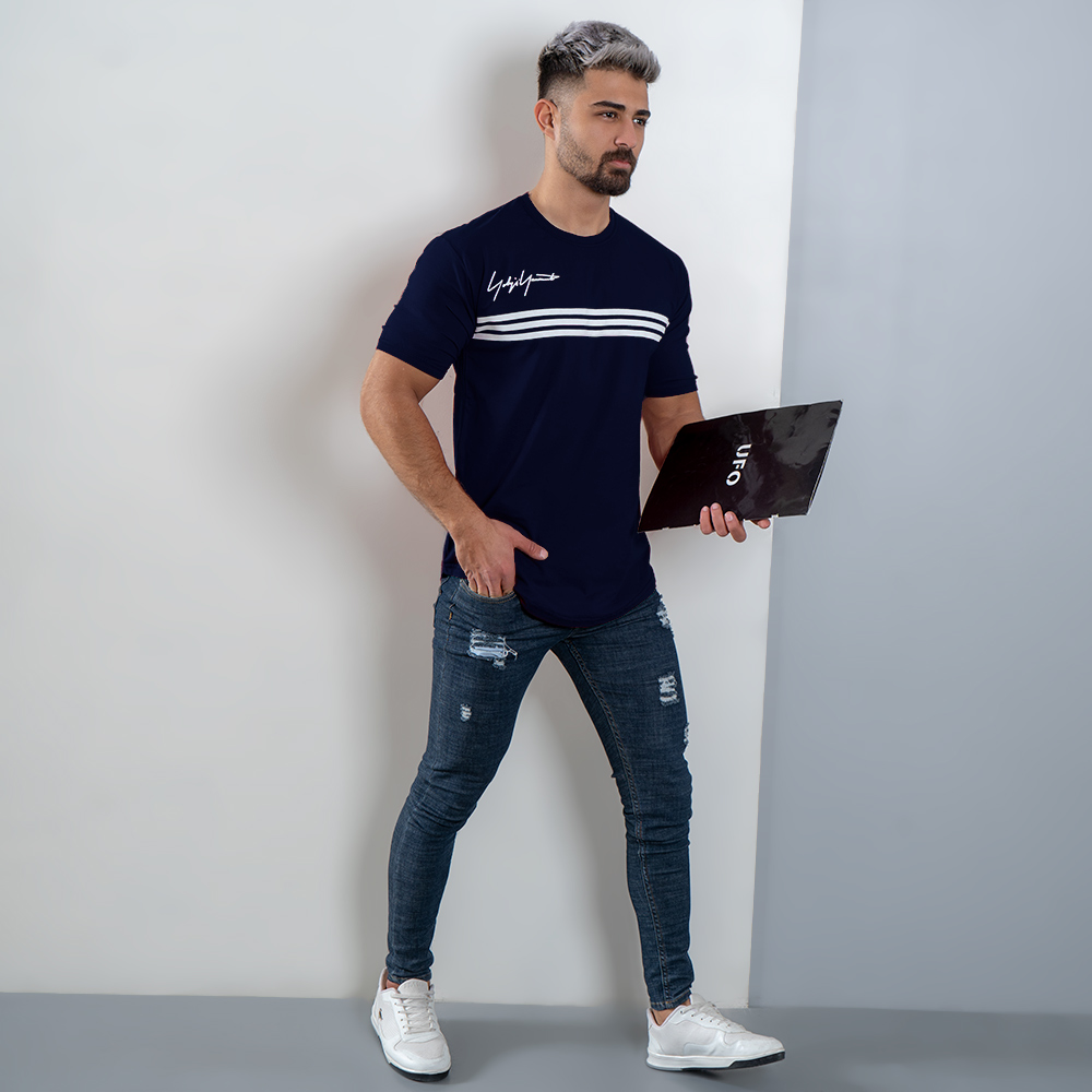 تیشرت مردانه سه خط سرمه ای مدل DENVER