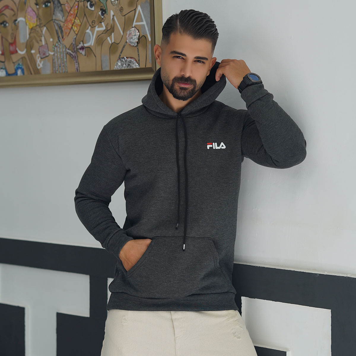 هودی مردانه فیلا ذغالی مدل Pirooz