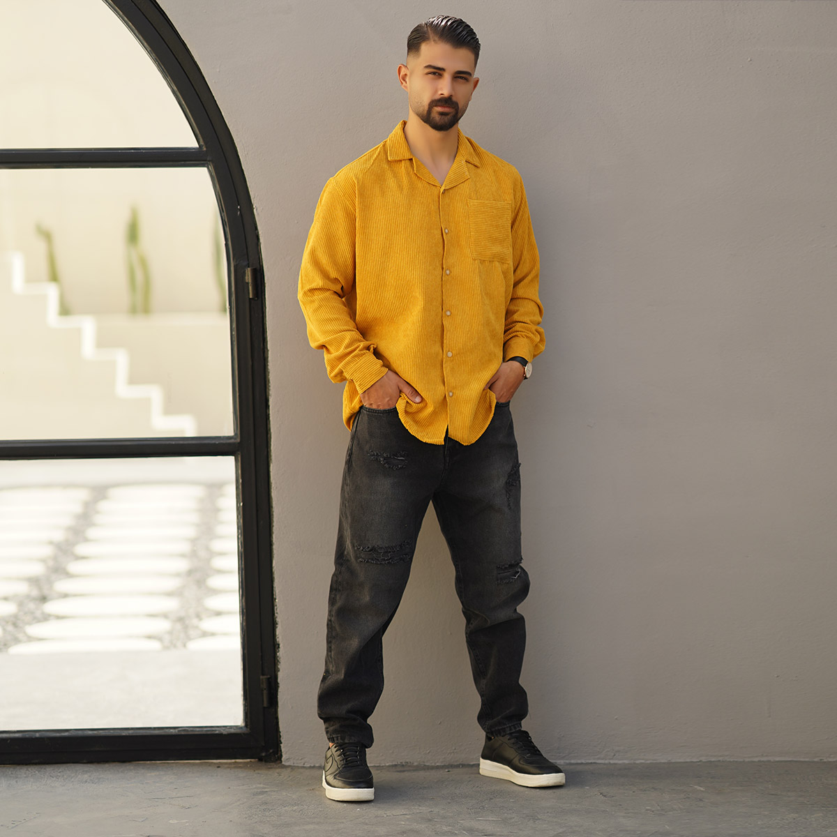 پیراهن مردانه کبریتی خردلی مدل Behtash