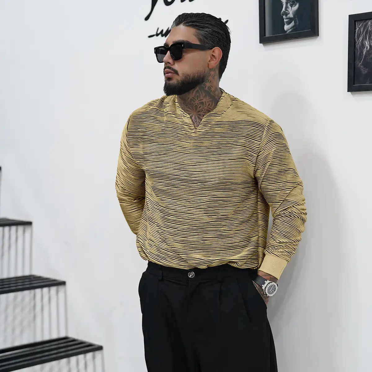 تیشرت آستین بلند یقه کوبایی سبز روشن مدل Nivad