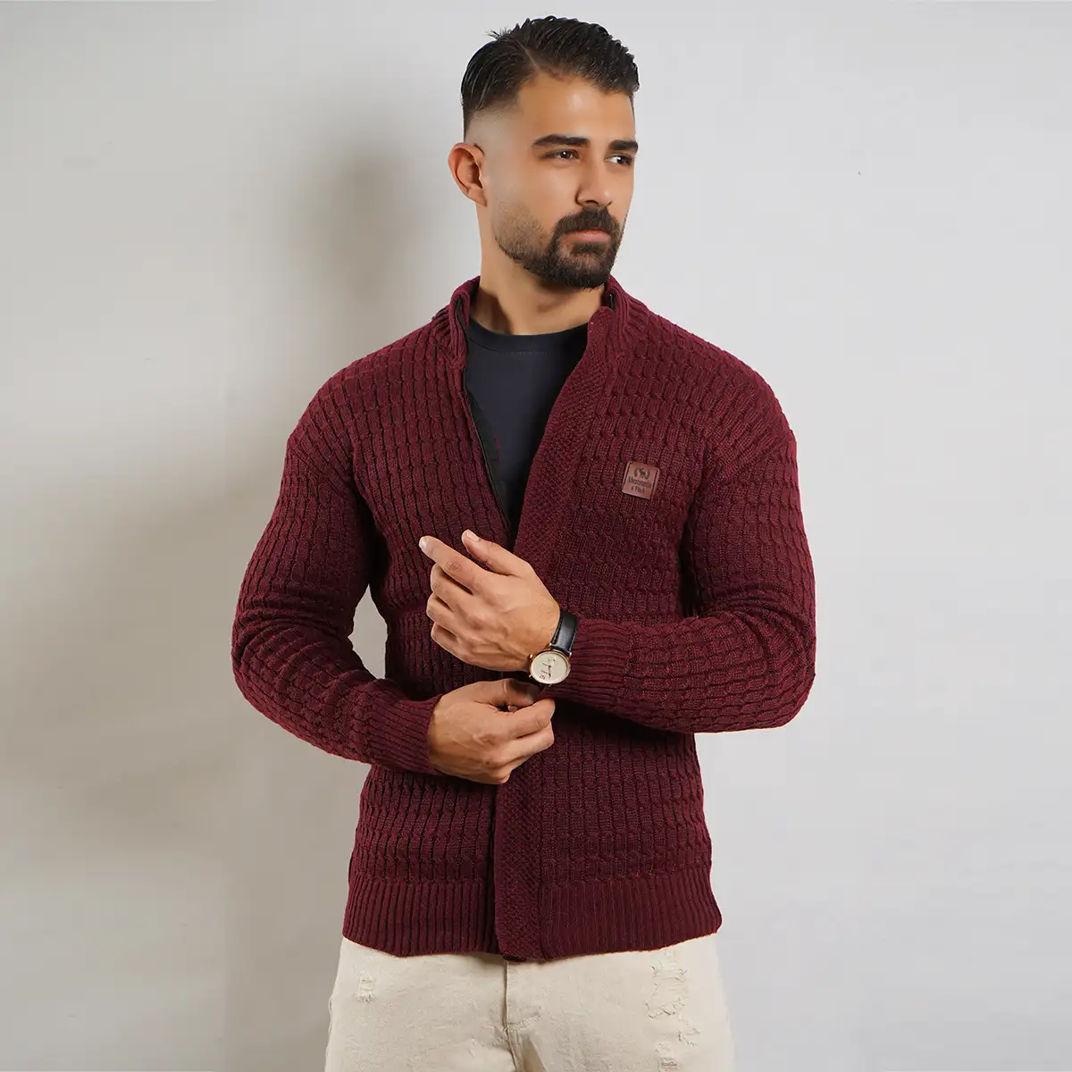 سوئیشرت بافت زرشکی مردانه مدل OKSEN