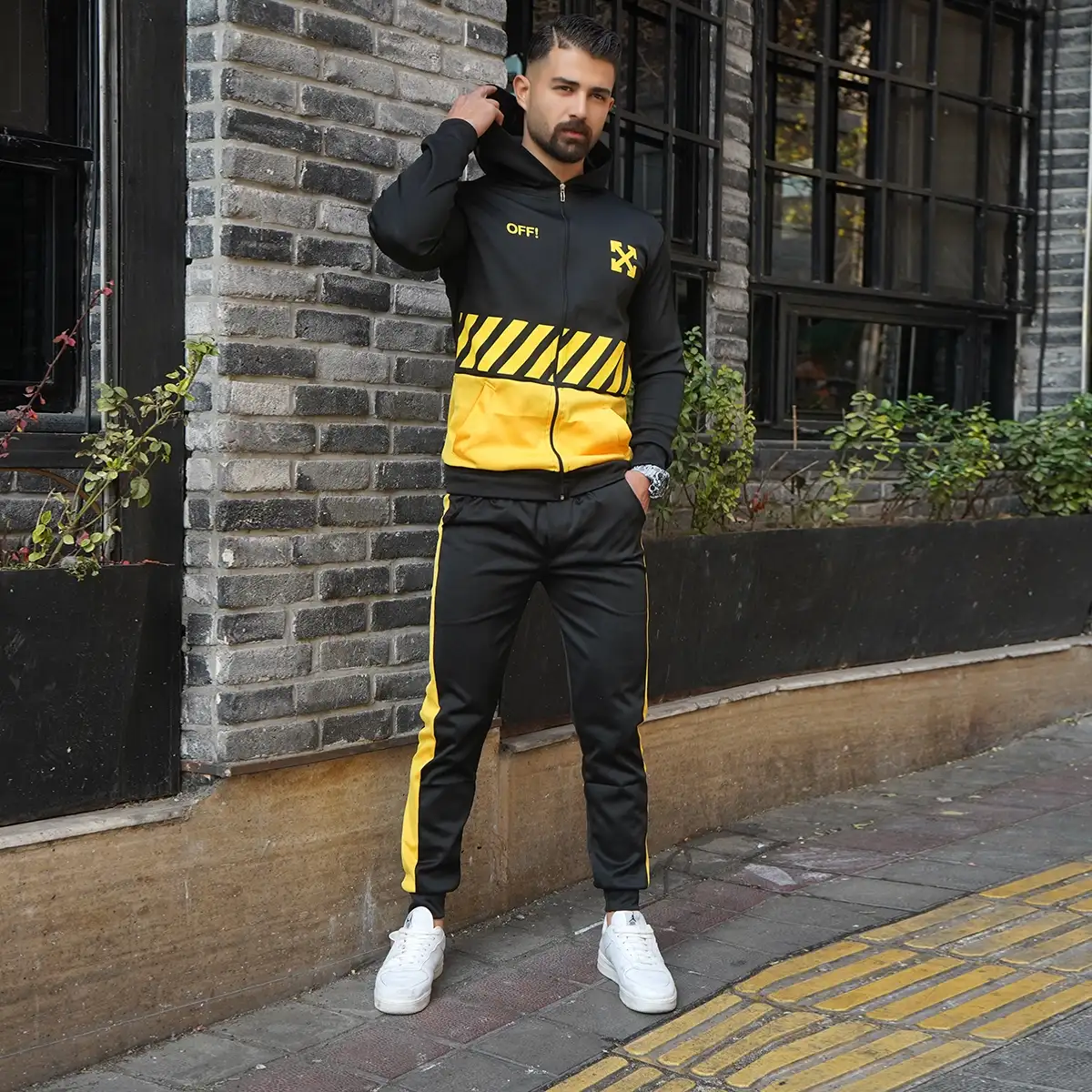 ست سوییشرت شلوار مردانه مشکی زرد off-white مدل Manga