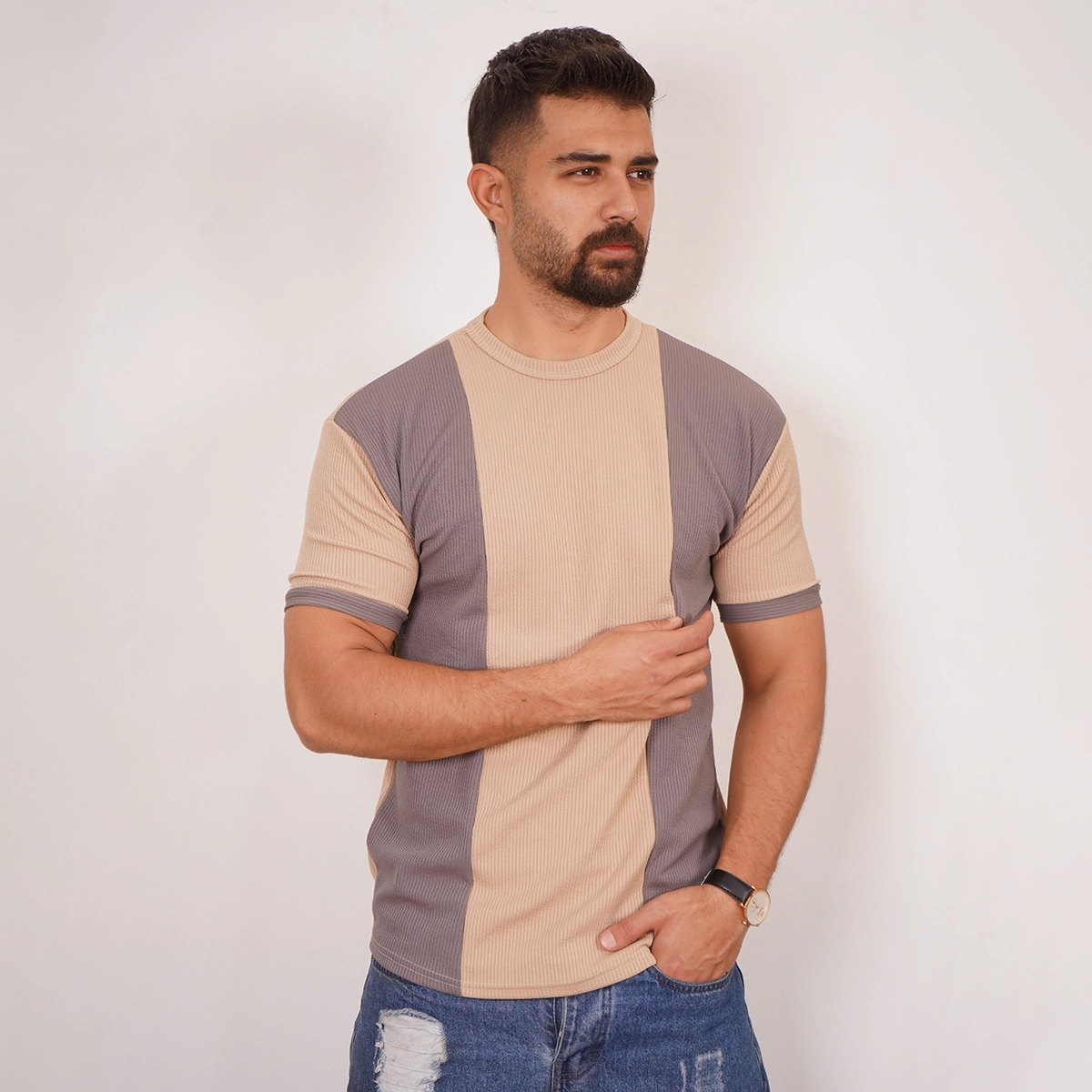 تیشرت مردانه کرم طوسی مدل Kaveh